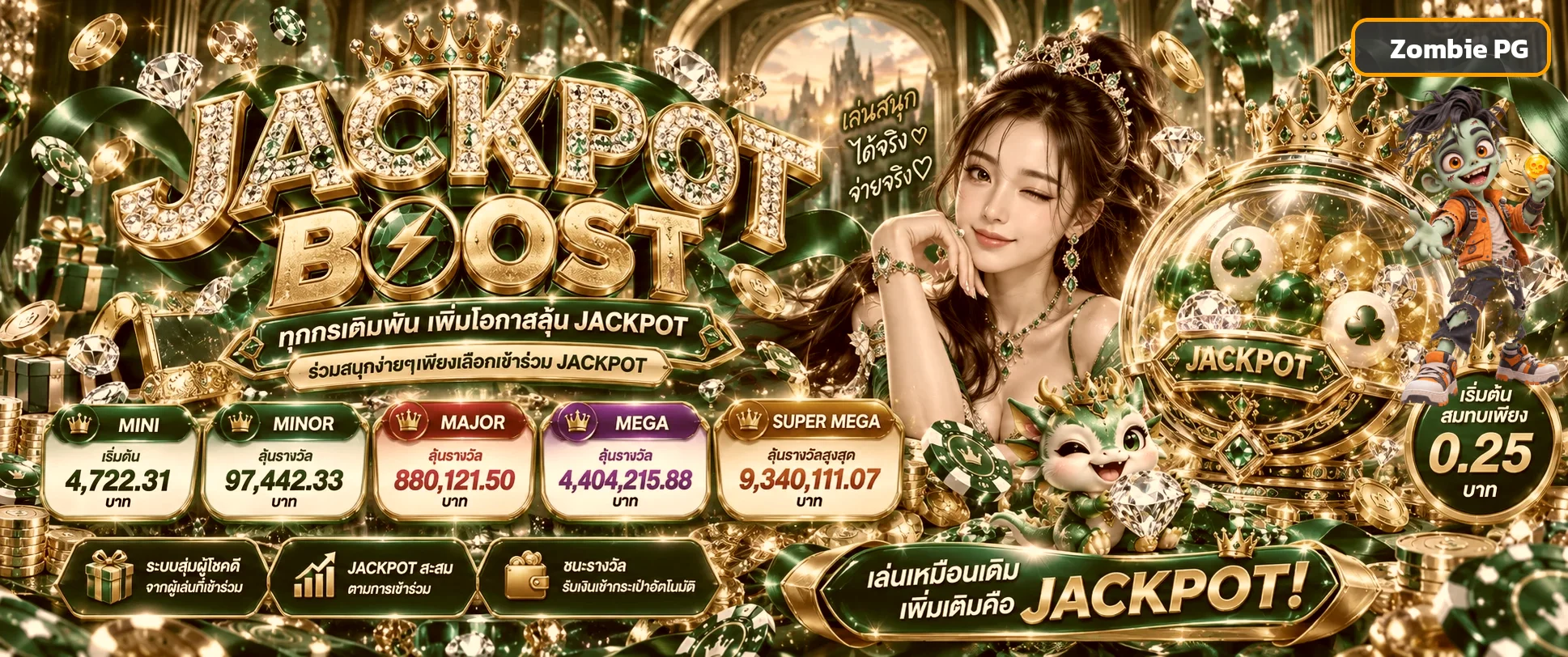 แบนเนอร์ Zombie PG Slot พร้อมมาสคอตซอมบี้และแจ็กพอต
